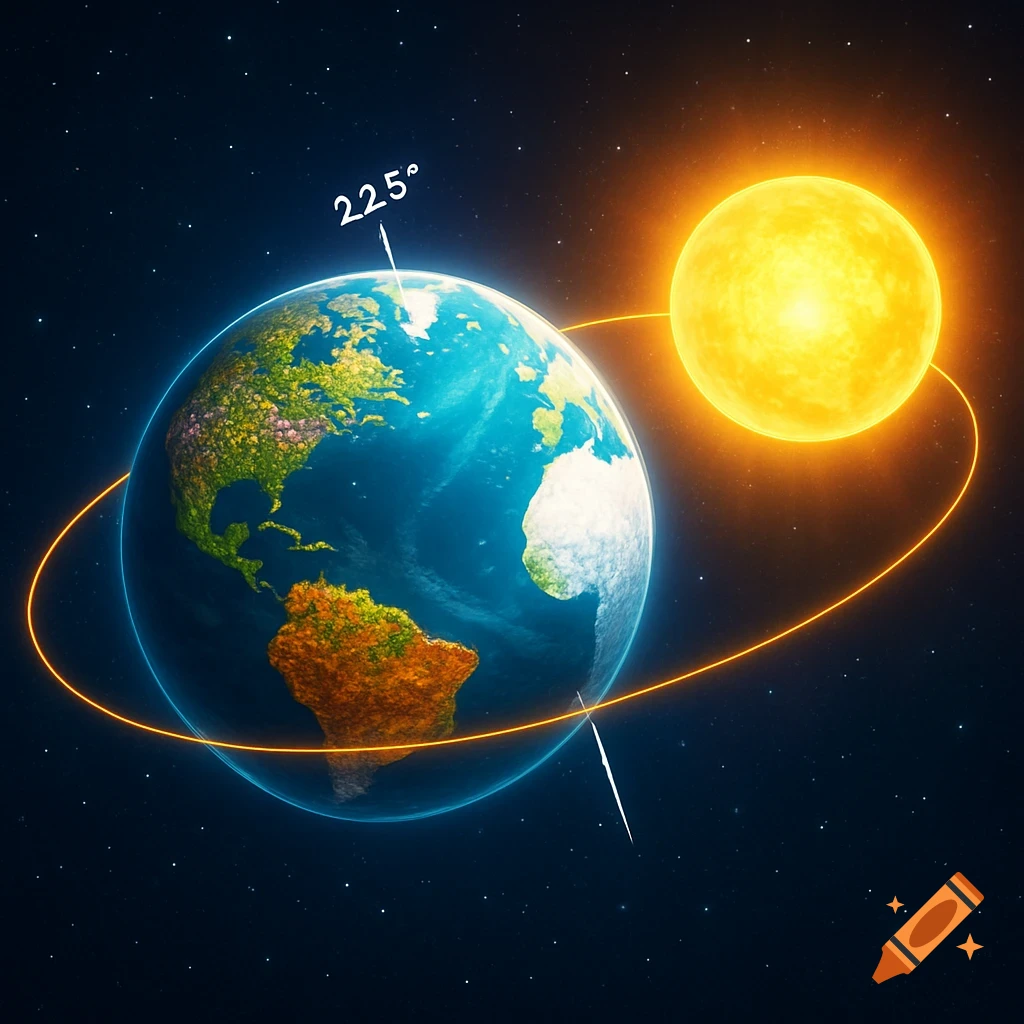 An illustration of Earth orbiting the Sun in a dark space background with stars, showing an orbital path and an axis of inclination with a "2250" label.