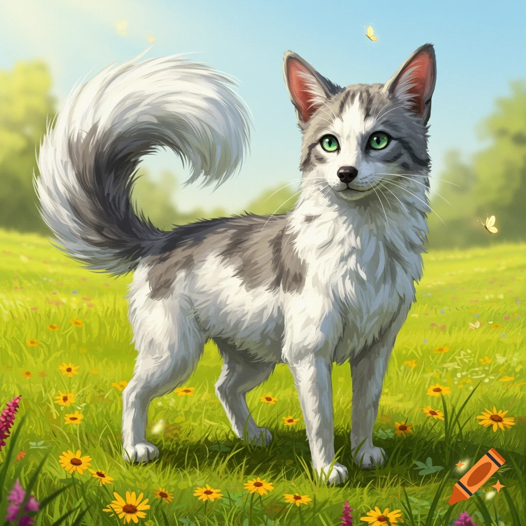 A fluffy gray and white cat with bright green eyes and a bushy, curled tail stands in a sunlit meadow with yellow flowers, in an illustrative style.