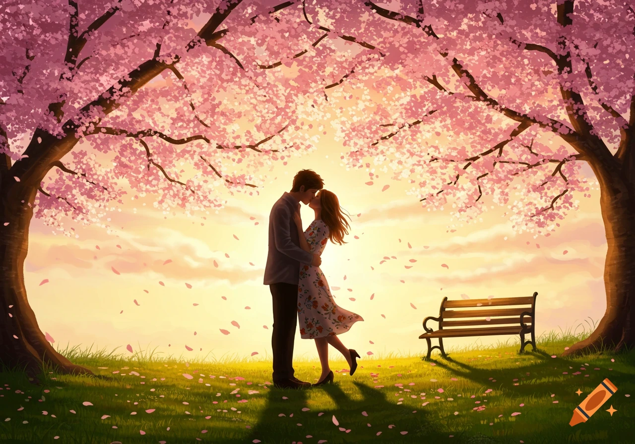 A couple kissing under a cherry blossom tree with pink petals falling at sunset, digital art.