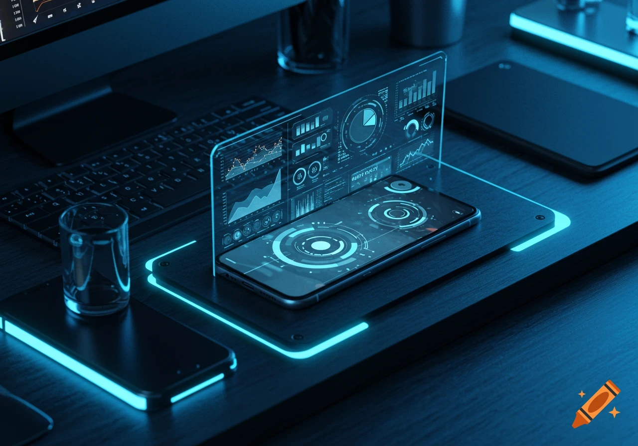 A dark desk with a smartphone projecting a blue holographic display showing charts and data, with a computer monitor and keyboard.