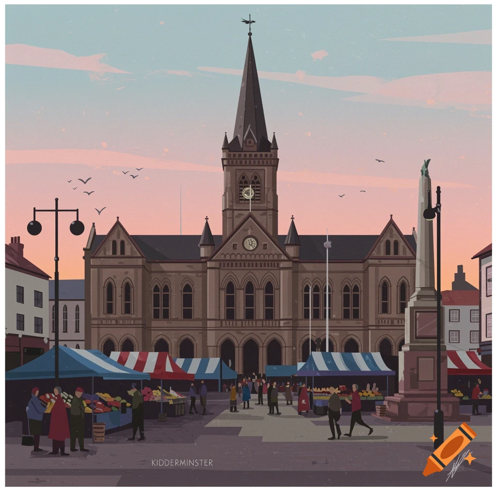 A modernist illustration of a bustling market square in front of a grand, brown stone building with a tall spire, under a pastel sky.