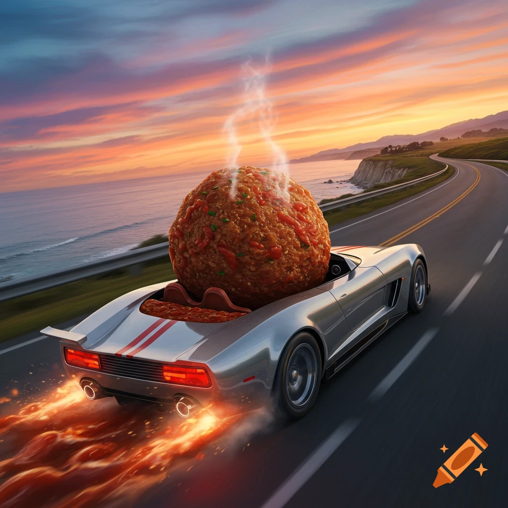 A giant steaming meatball speeds away in a silver convertible sports car on a coastal highway at sunset, leaving a fiery trail.