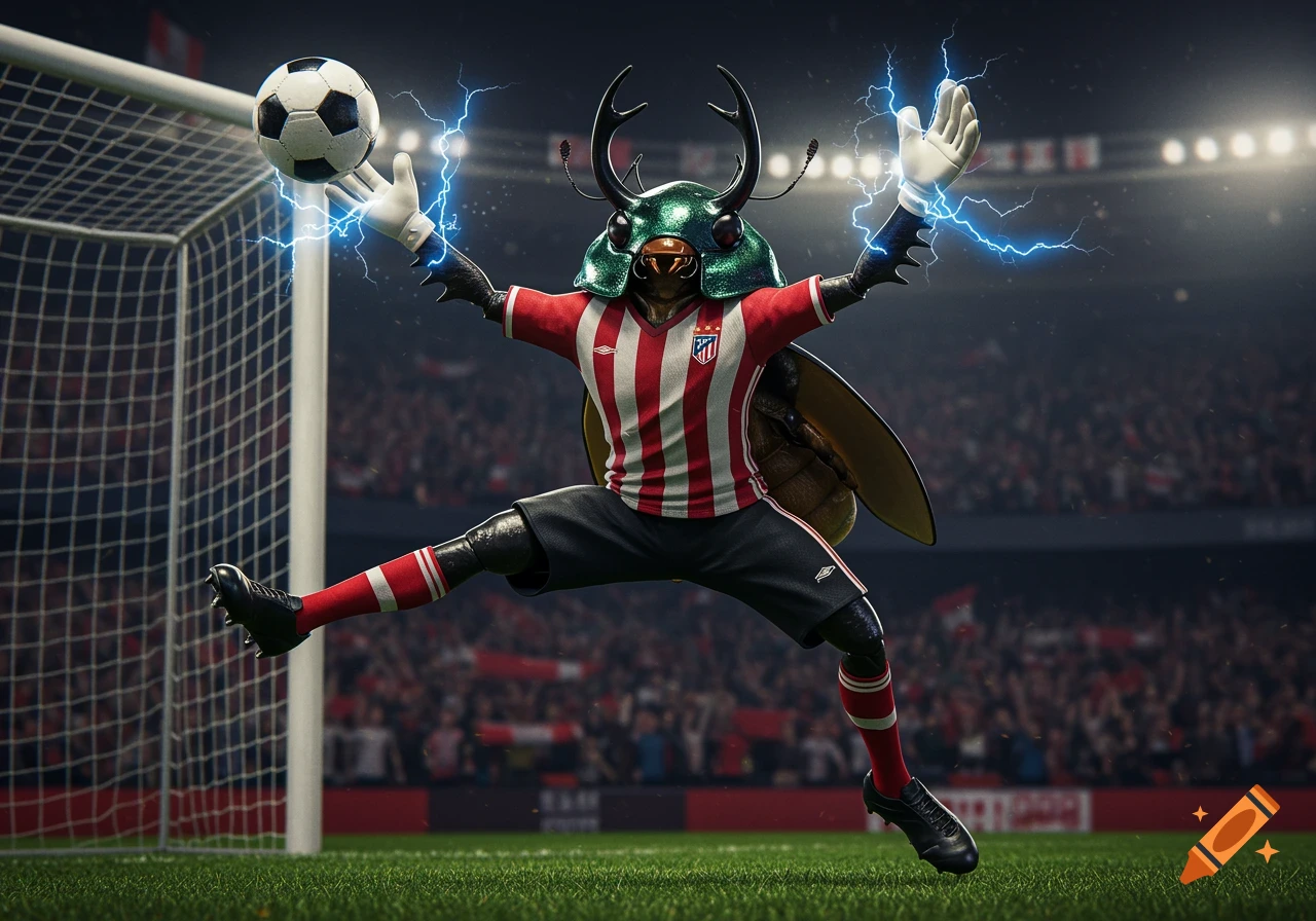 Photorealistic 3D rendering of a humanoid beetle goalkeeper in a red and white striped jersey, jumping to save a soccer ball with lightning from its hands in a stadium.