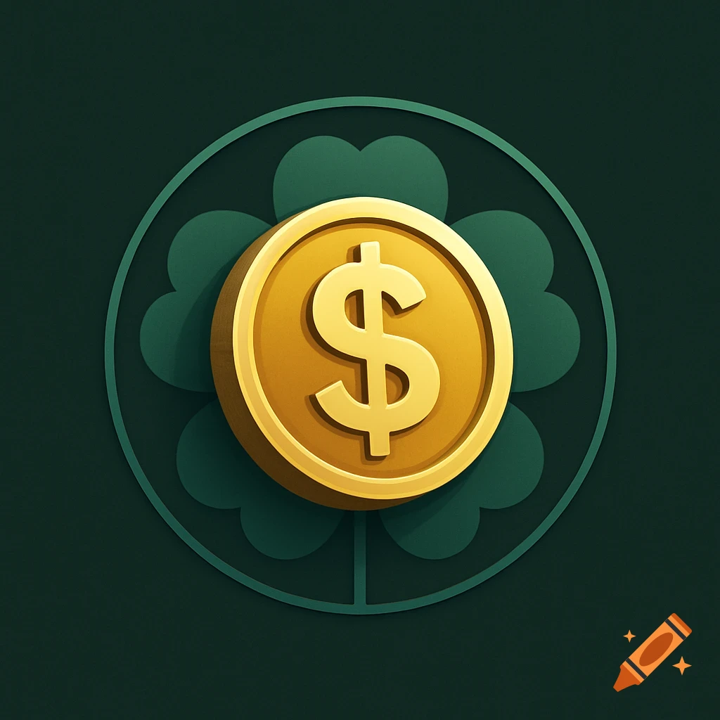 A stylized gold coin with a dollar sign over a dark green four-leaf clover, framed by a circle on a dark background.
