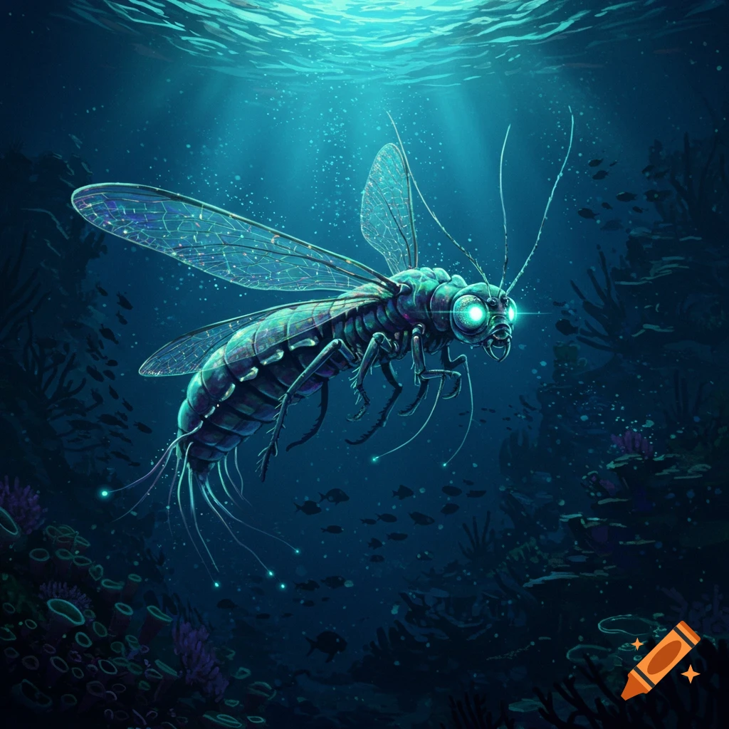A bioluminescent insect-like deep-sea creature with large, translucent wings and glowing eyes swims in a dark underwater scene.