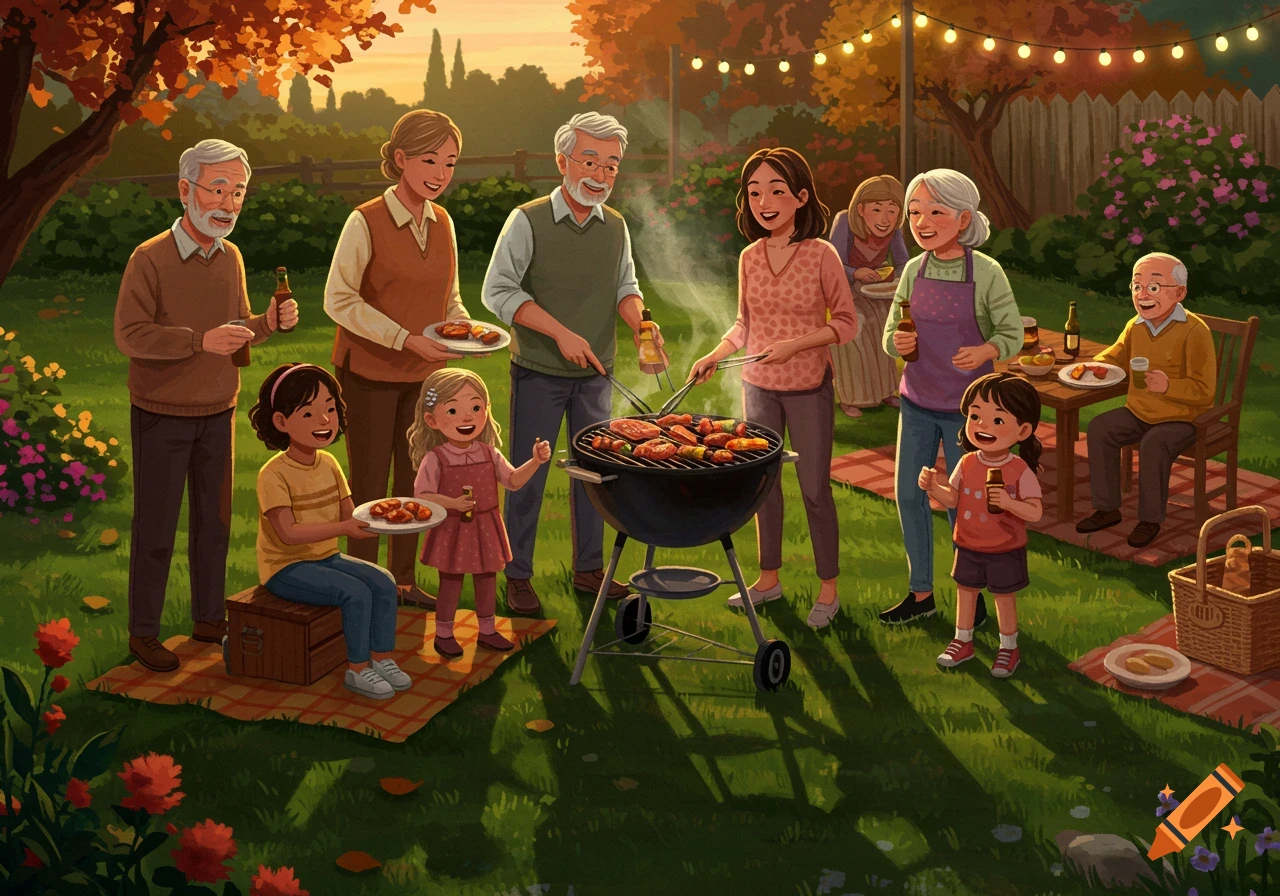 An illustration of a multi-generational family enjoying a lively barbecue in an autumn backyard with string lights.