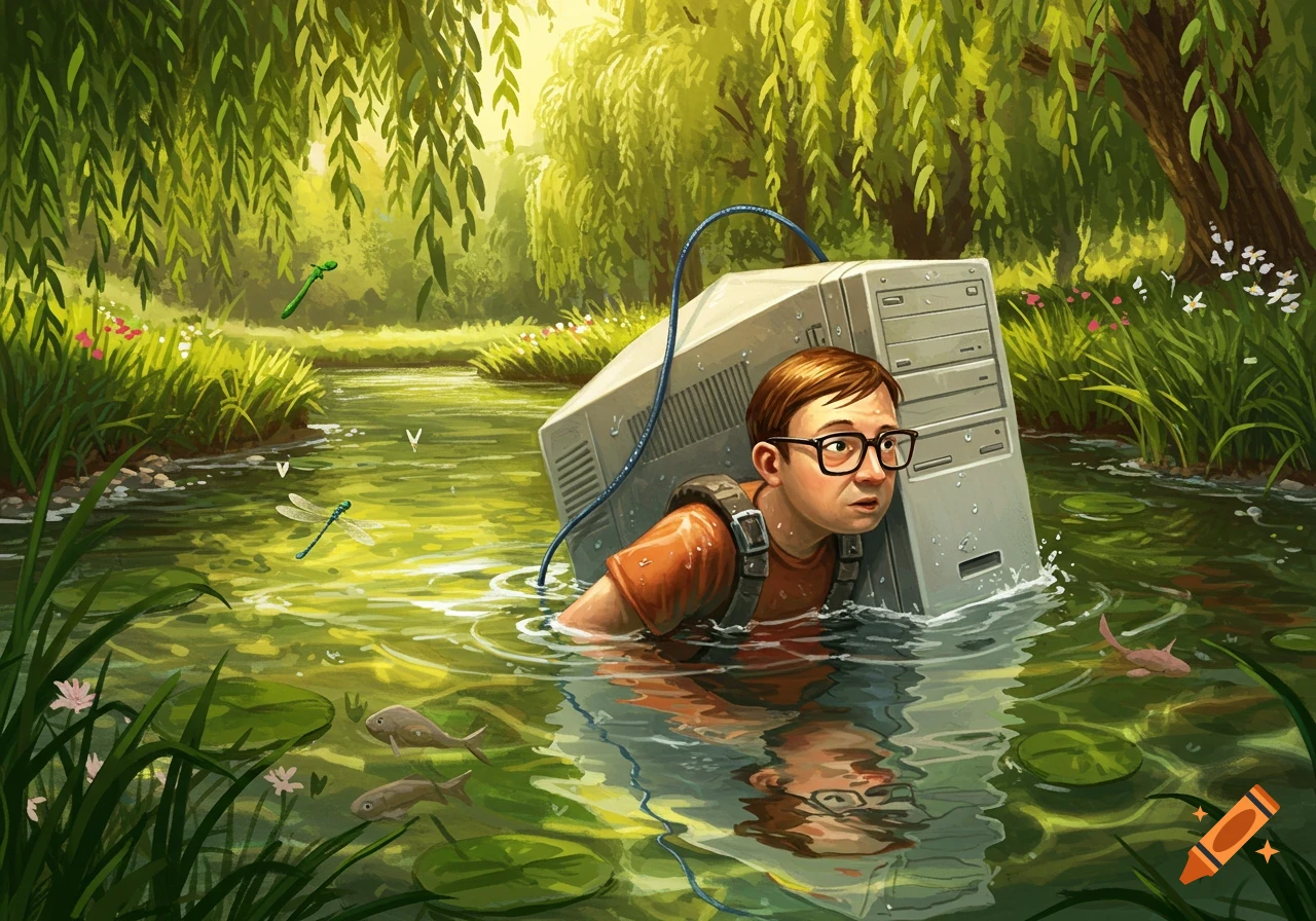 A bespectacled computer nerd in an orange shirt wades through a lush green river, carrying a large desktop computer on his back.