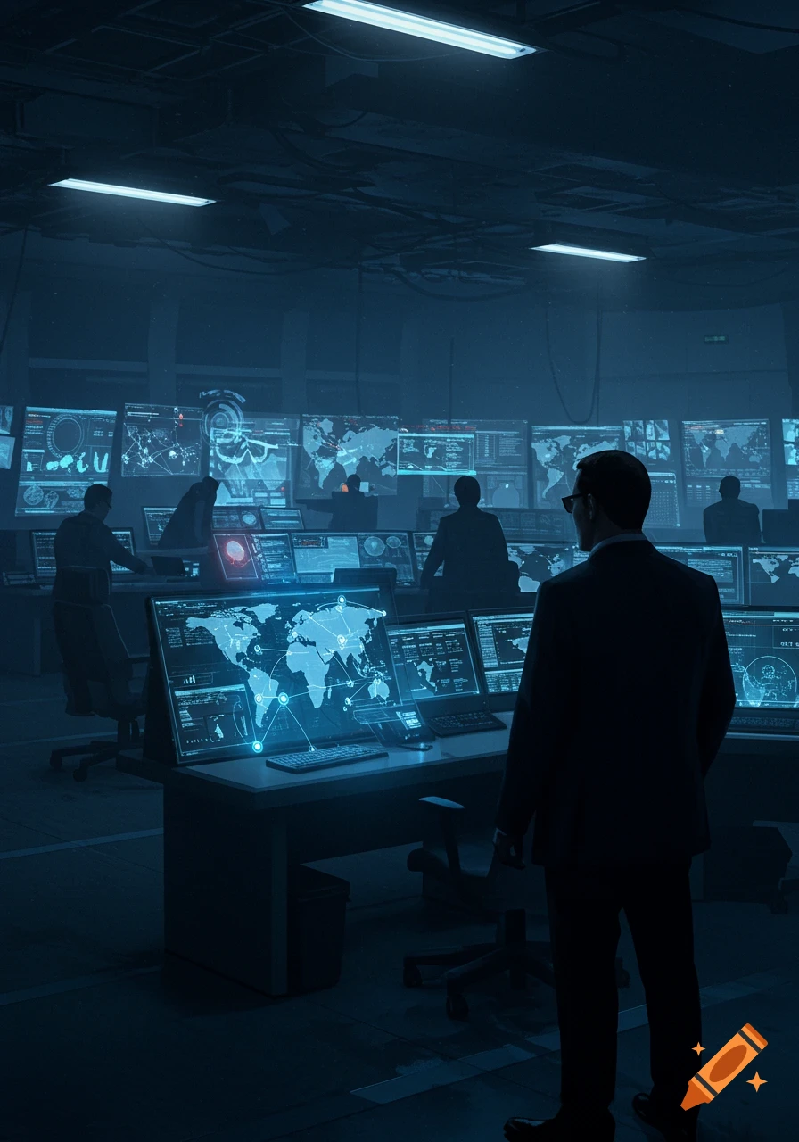 People in a dark, blue-lit control room, monitoring multiple computer screens with world maps and data.