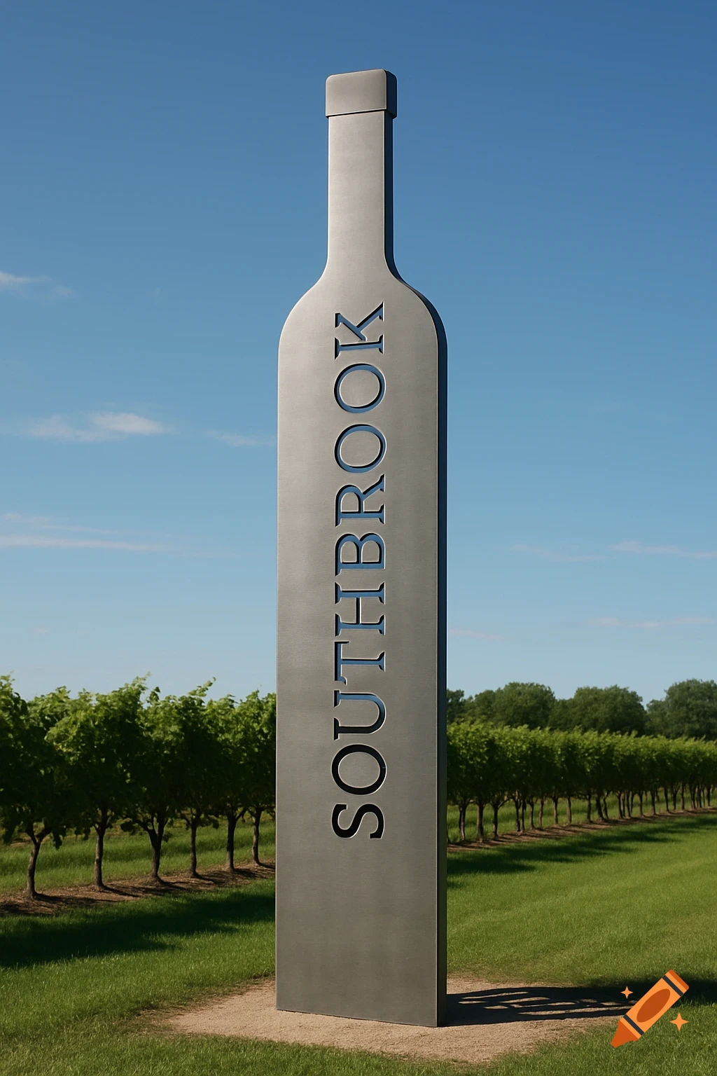 A tall, grey wine bottle-shaped sign with 'SOUTHBROOK' carved into it stands in a sunny vineyard.