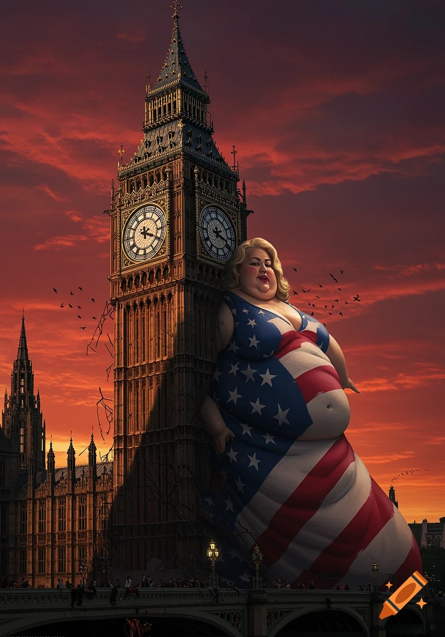 A giant, morbidly obese woman in an American flag dress leans against Big Ben under a dramatic red sky, with visible cracks in the tower.