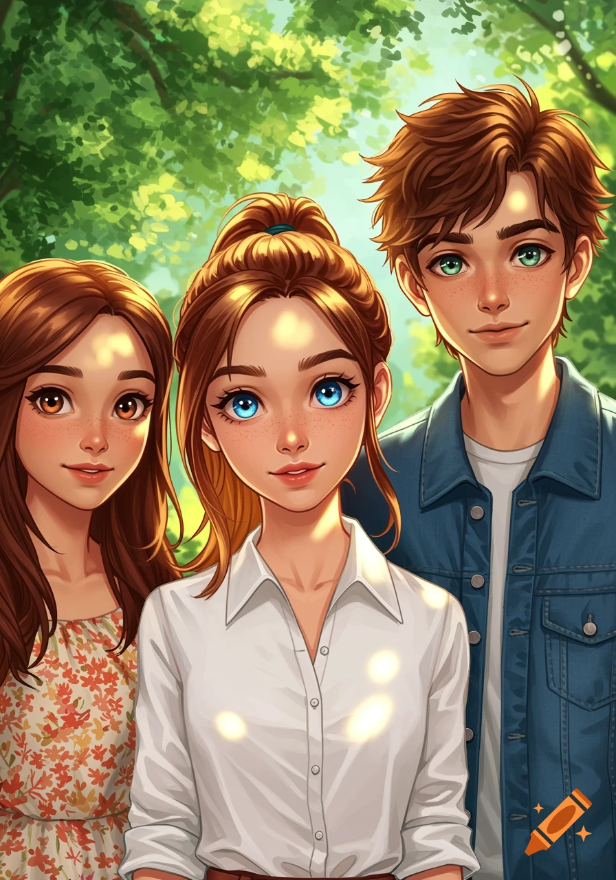 Anime-style portrait of three young people, two girls and one boy, smiling in a lush green forest background.