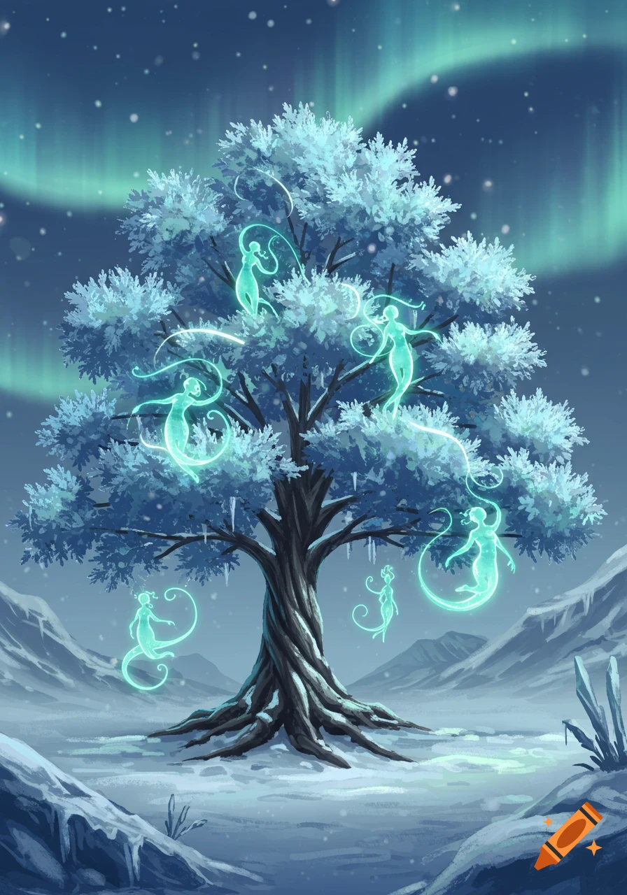 A large, frost-covered tree with glowing ethereal figures floating in its branches, set in a snowy landscape under an aurora borealis.