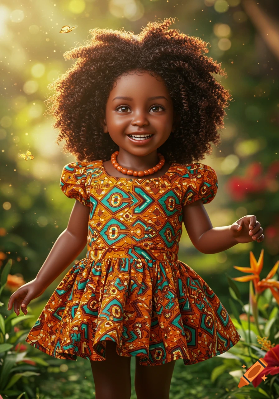 A smiling young girl with curly hair wearing a vibrant patterned dress stands in a sunny garden.