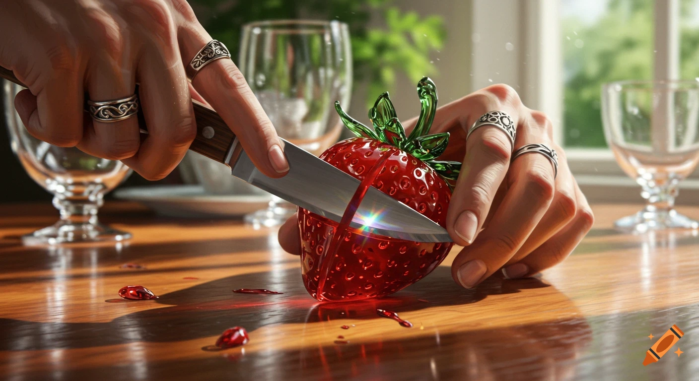 Close-up of hands cutting a glass strawberry with a knife on a wooden table, with red liquid drops.