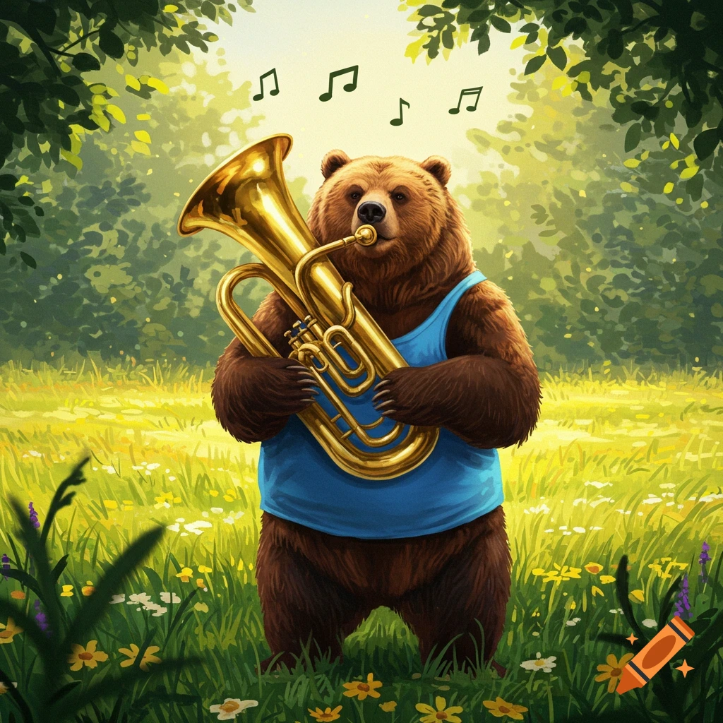 A cartoon grizzly bear in a blue tank top plays a golden tuba in a sunny, green field with musical notes.