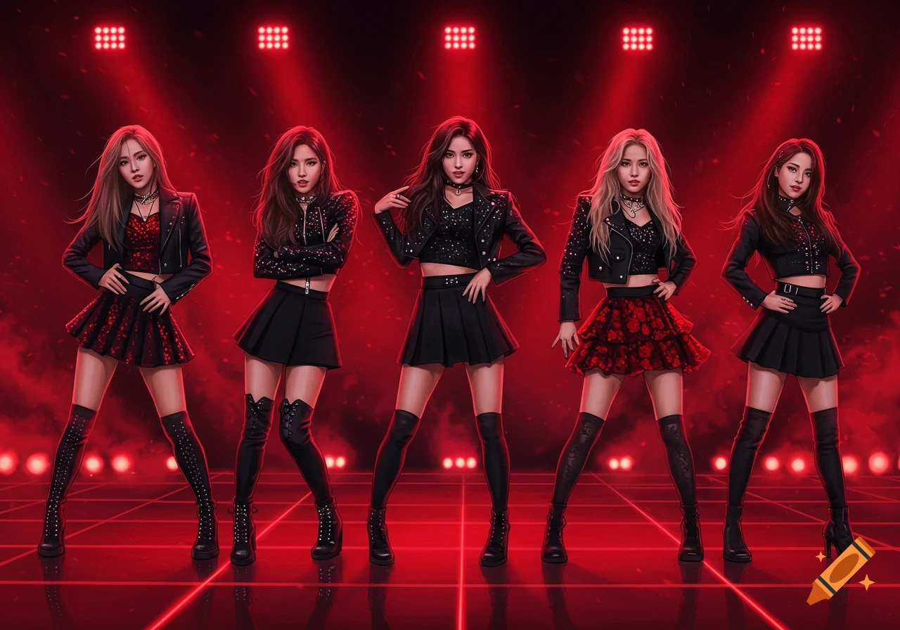 Five K-pop band members in black and red stage outfits pose on a red-lit stage with spotlights.