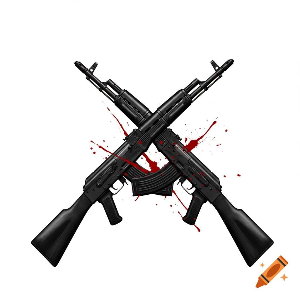 Two black AK-47 rifles crossed in an X with red blood splatters on a white background, in a stylized illustration.