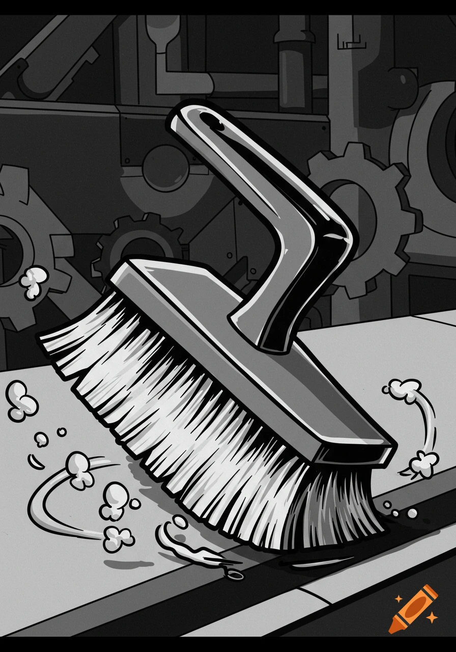 Black and white cartoon illustration of an industrial brush in a factory setting, with cleaning bubbles.