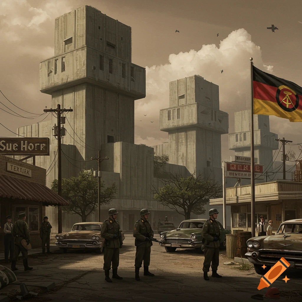 A sepia-toned image of an occupied city street with brutalist concrete buildings, soldiers in uniforms, and vintage cars. An East German flag flies prominently. Signs with garbled text are visible.