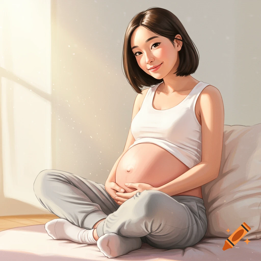 An illustration of a smiling Asian pregnant woman in a white tank top and sweatpants, sitting and holding her belly in soft sunlight.