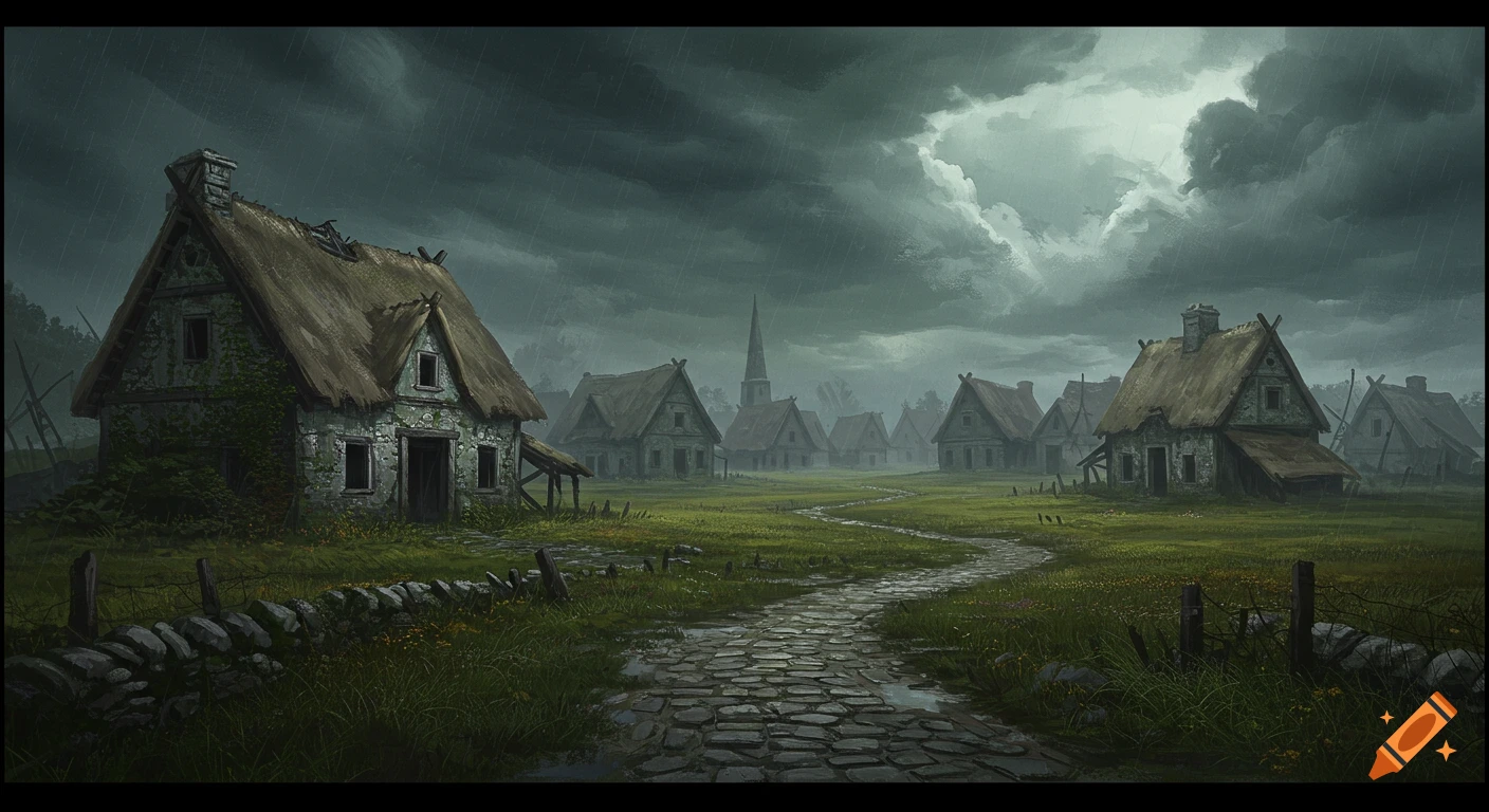 A gloomy, abandoned fantasy village with old houses, a winding stone path, and a distant church under dark, rainy skies.