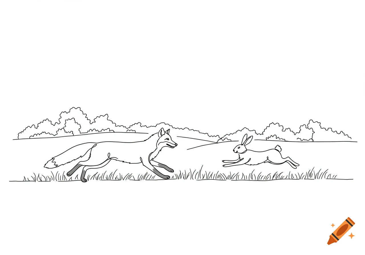 A fox chases a rabbit through a field in a black and white line art style.