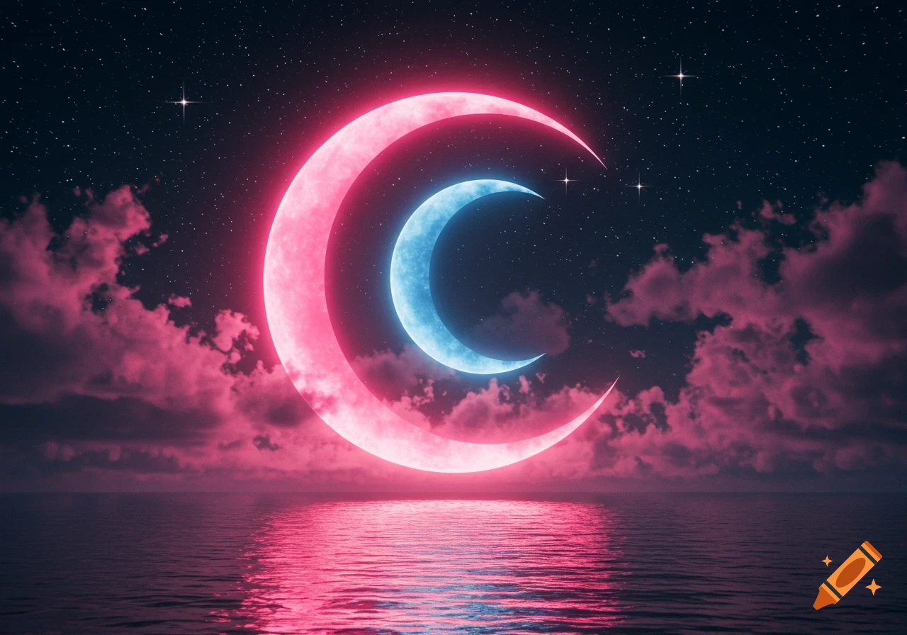 A large glowing pink crescent moon with a smaller blue crescent moon inside, set against a star-filled night sky with pink clouds over water.