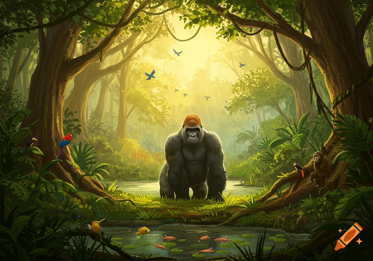 A large silverback gorilla stands in a vibrant, sunlit jungle clearing with a small river and lily pads. Birds perch on branches and fish swim in the water, all surrounded by lush trees and vines in a digital painting style.