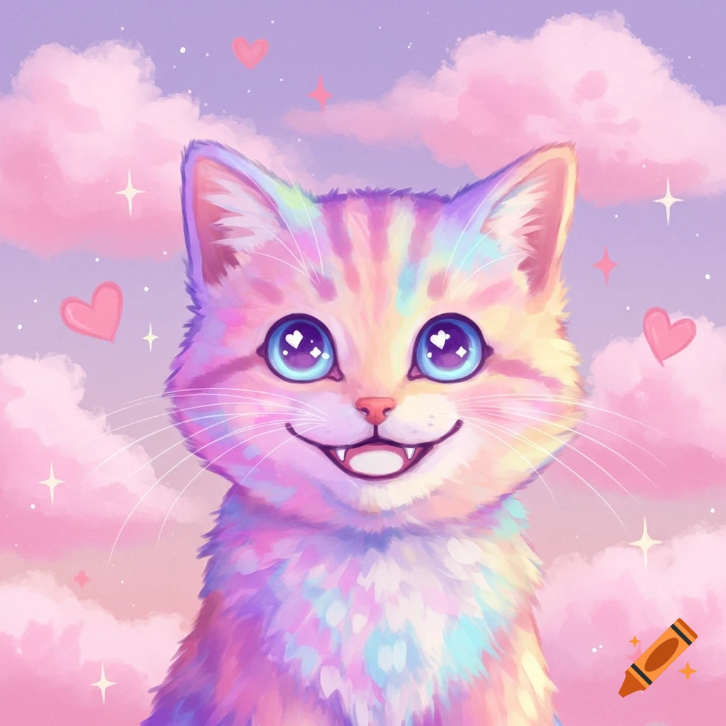 A pastel rainbow-colored cartoon cat with big blue eyes and a wide smile, set against a cloudy pink and purple sky with hearts.