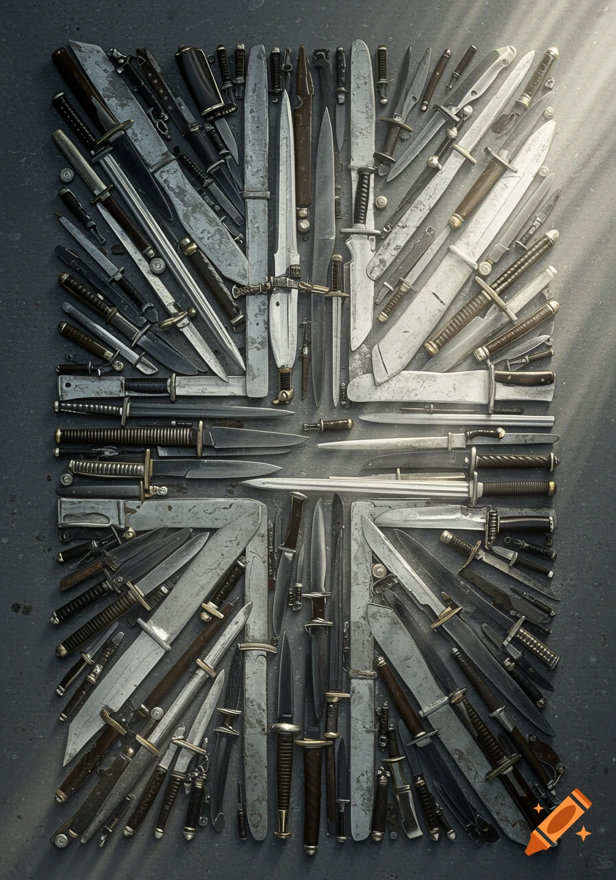 A detailed overhead shot of an artistic arrangement of various swords and knives forming the pattern of the Union Jack flag on a dark background.