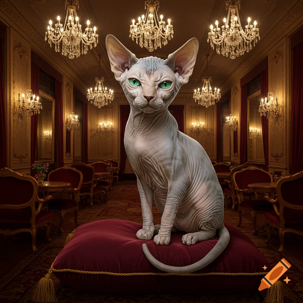 A Sphynx cat with green eyes sits on a red velvet cushion in a lavish room with chandeliers.