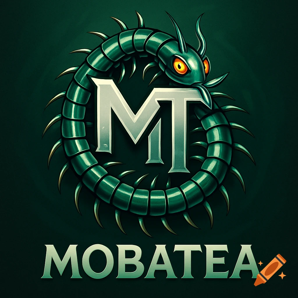 A stylized green centipede coiled into a circle, with silver letters 'MT' in the center and 'MOBATEA' below, on a dark green background.