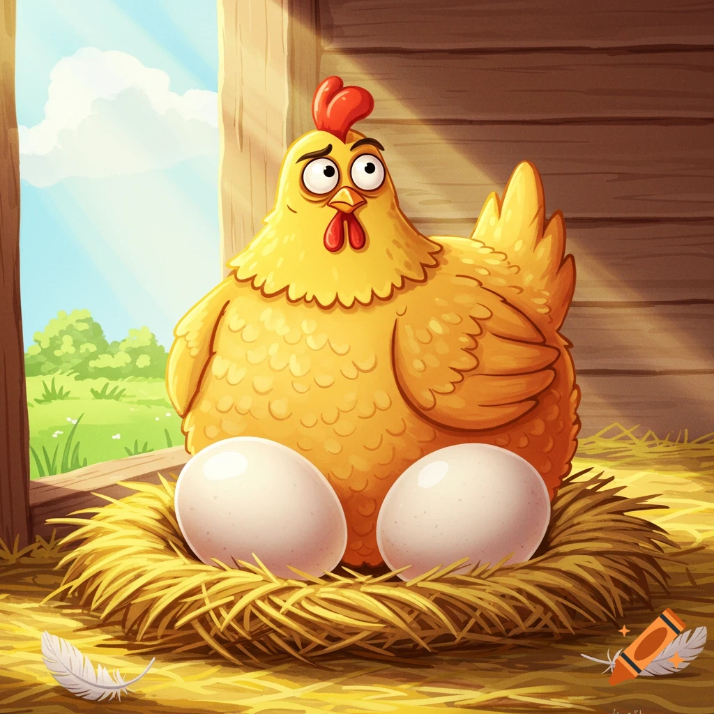 A cartoon chicken with a quizzical expression sits on two eggs in a hay nest inside a sunny barn. Two feathers lie nearby.
