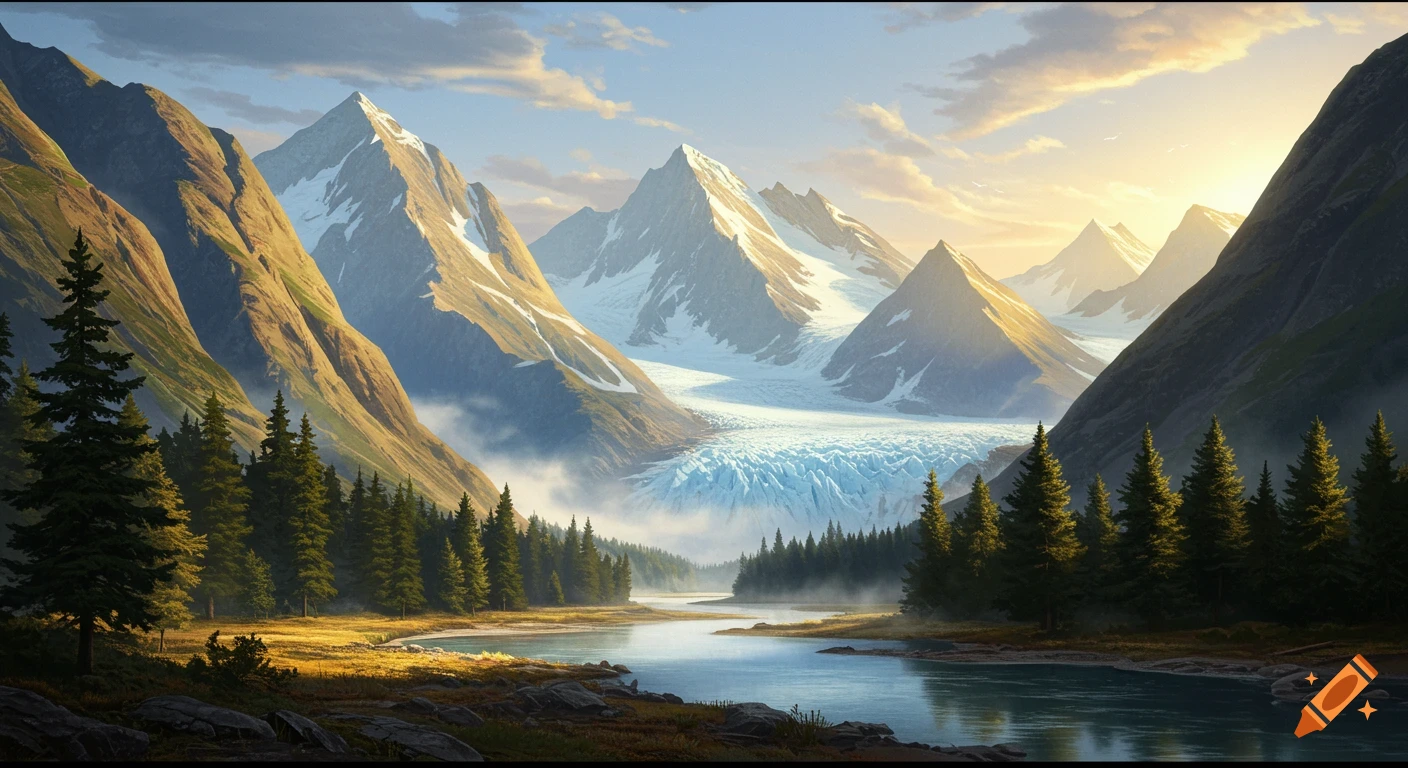 A stunning landscape with snow-capped mountains, a large glacier, a river flowing through a valley, and evergreen trees under a sunny sky.