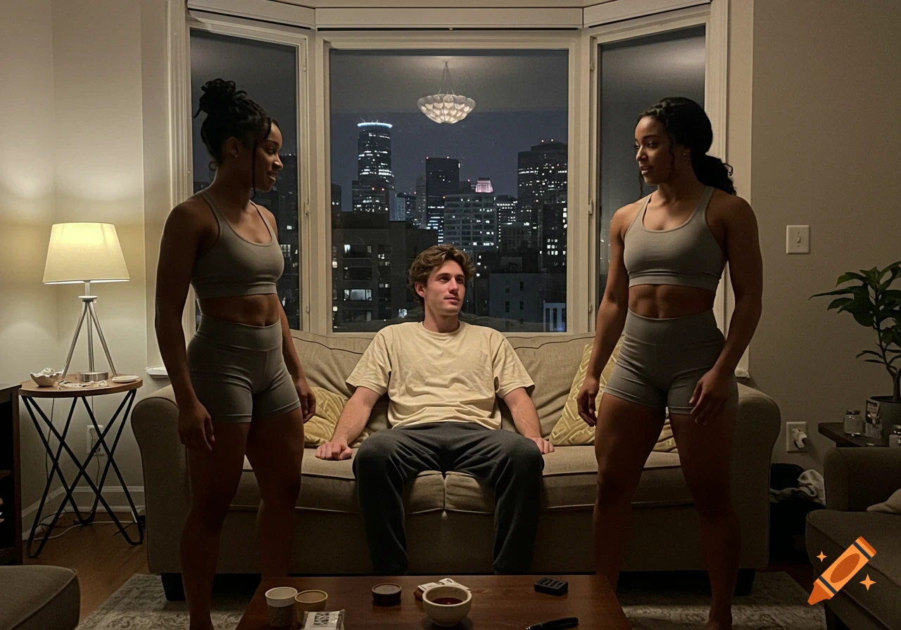 A man sits on a couch while two women in activewear stand on either side of him in a living room with a city skyline visible at night.