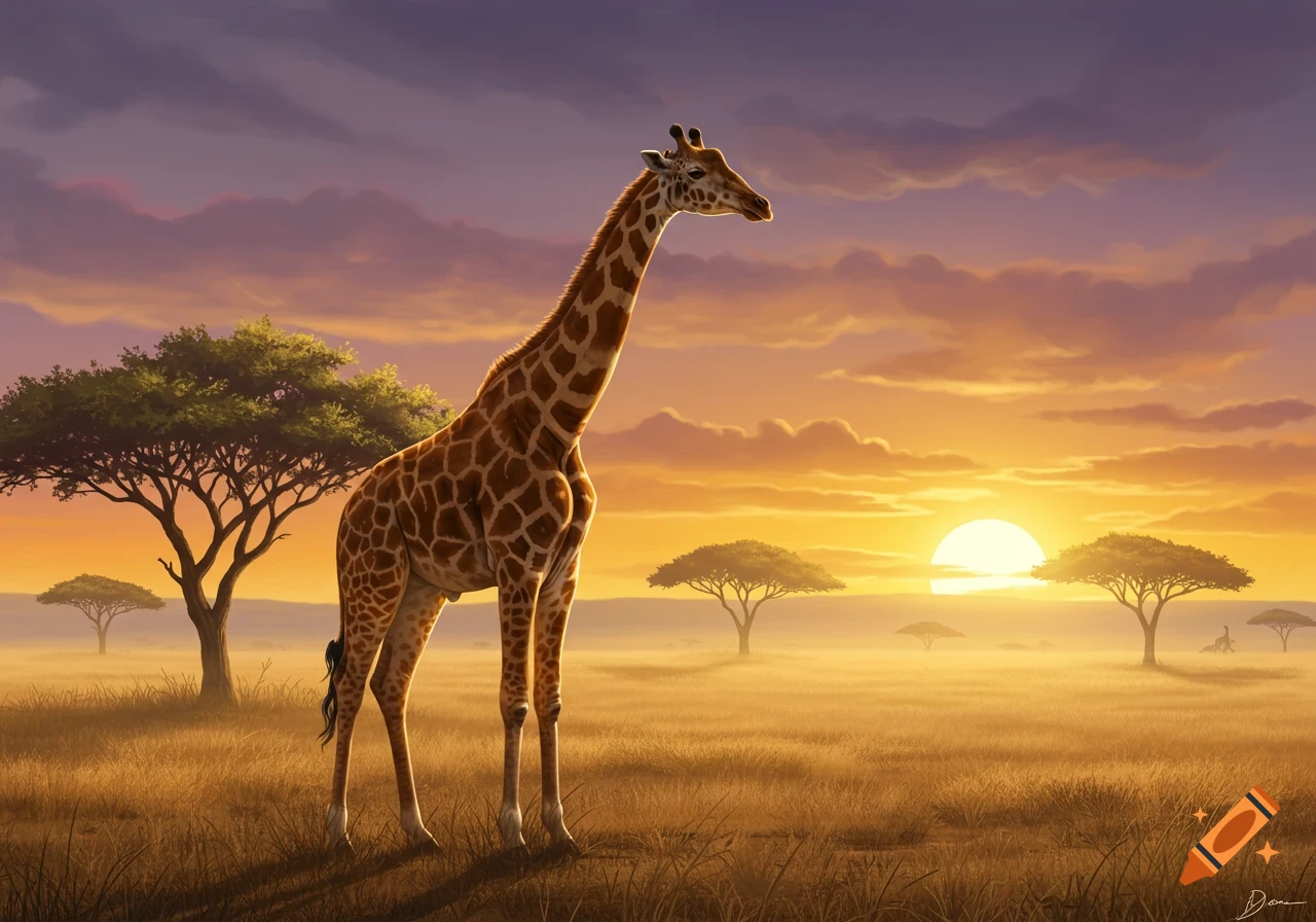 A giraffe stands in an African savanna at sunset, with acacia trees dotting the landscape.