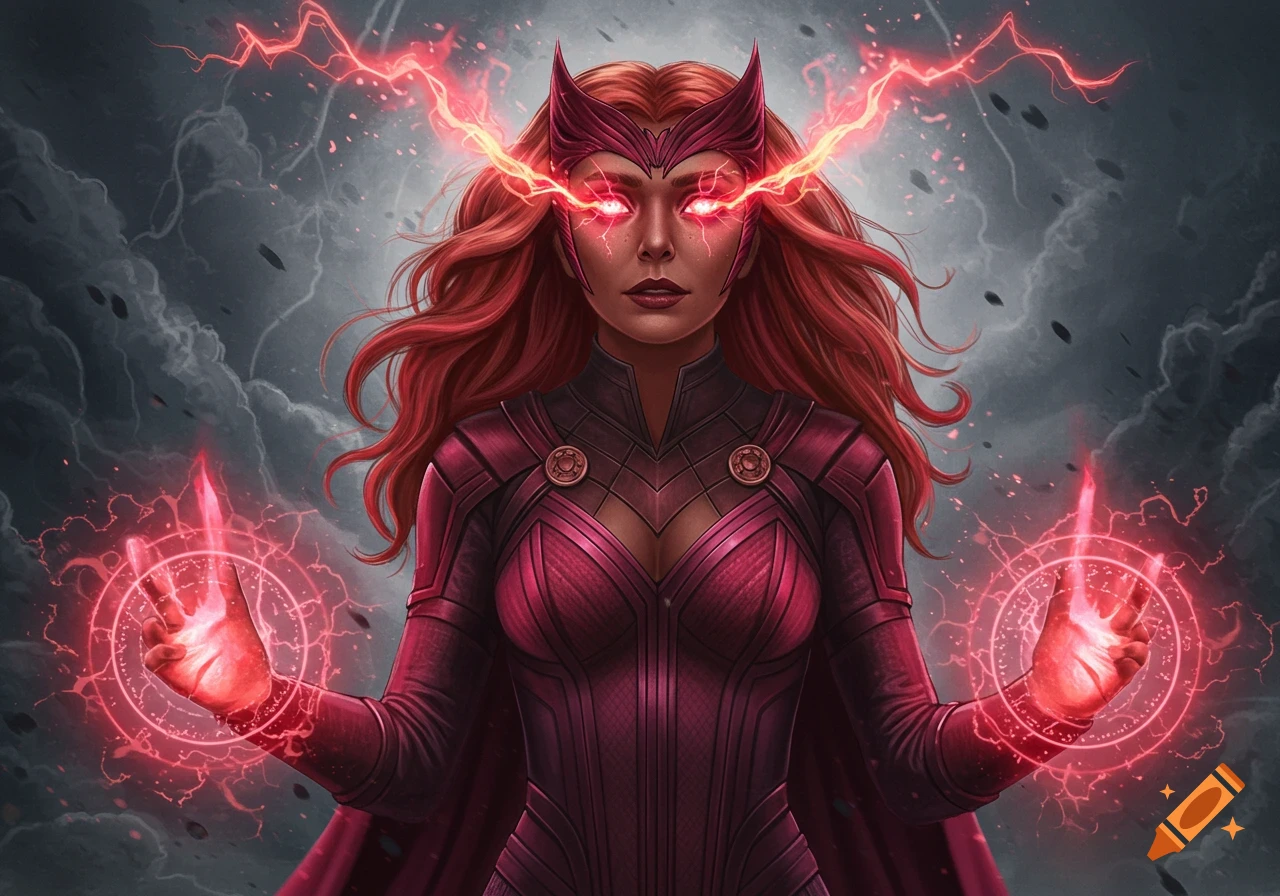 A powerful woman with long red hair and a red costume, glowing red eyes, and red energy crackling around her head and hands. She stands against a stormy, dark sky.