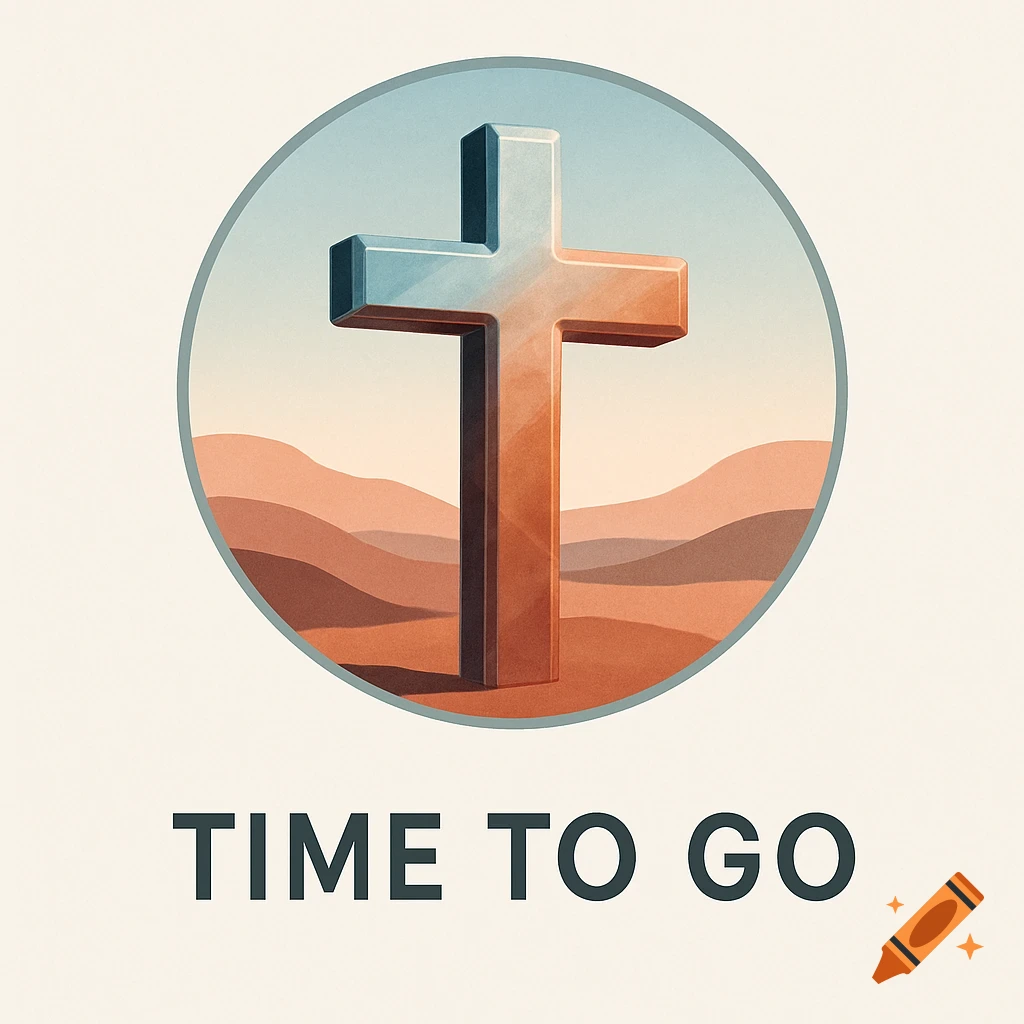 A 3D Christian cross with a blue and orange gradient, set in a desert landscape within a circular frame, with 'TIME TO GO' text below.