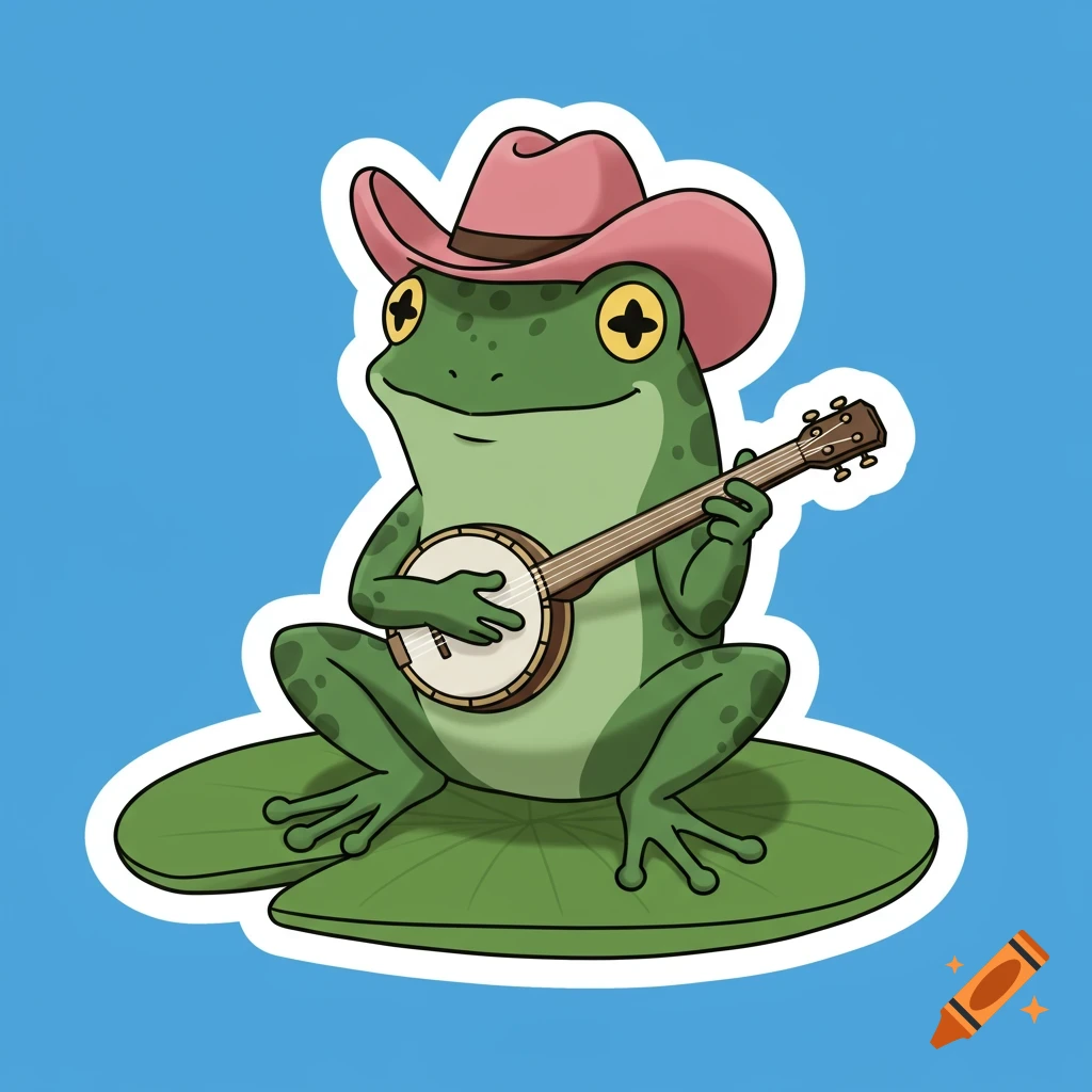 A cartoon frog wearing a pink cowboy hat sits on a lily pad and plays a banjo against a blue background.