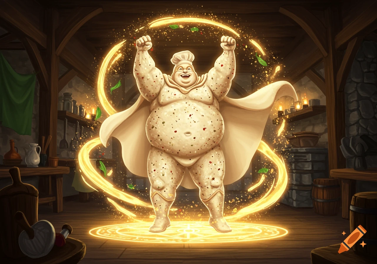 An obese, speckled gravy superhero with a chef hat and cape, arms raised in triumph, stands in a magical summoning circle in a cozy, rustic kitchen.
