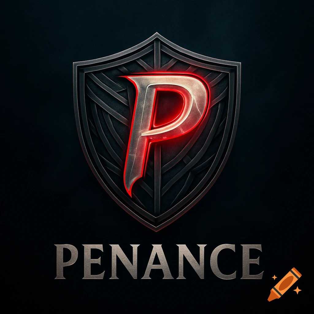 A dark shield logo with a glowing red letter P, and the word PENANCE in metallic letters below.