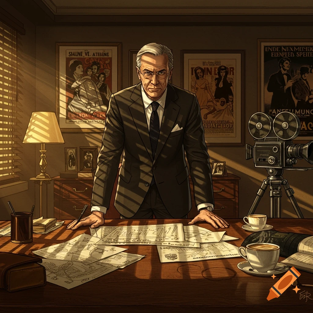 A serious man in a suit stands behind a desk in a vintage office, with film posters and a camera, in an illustrated style.