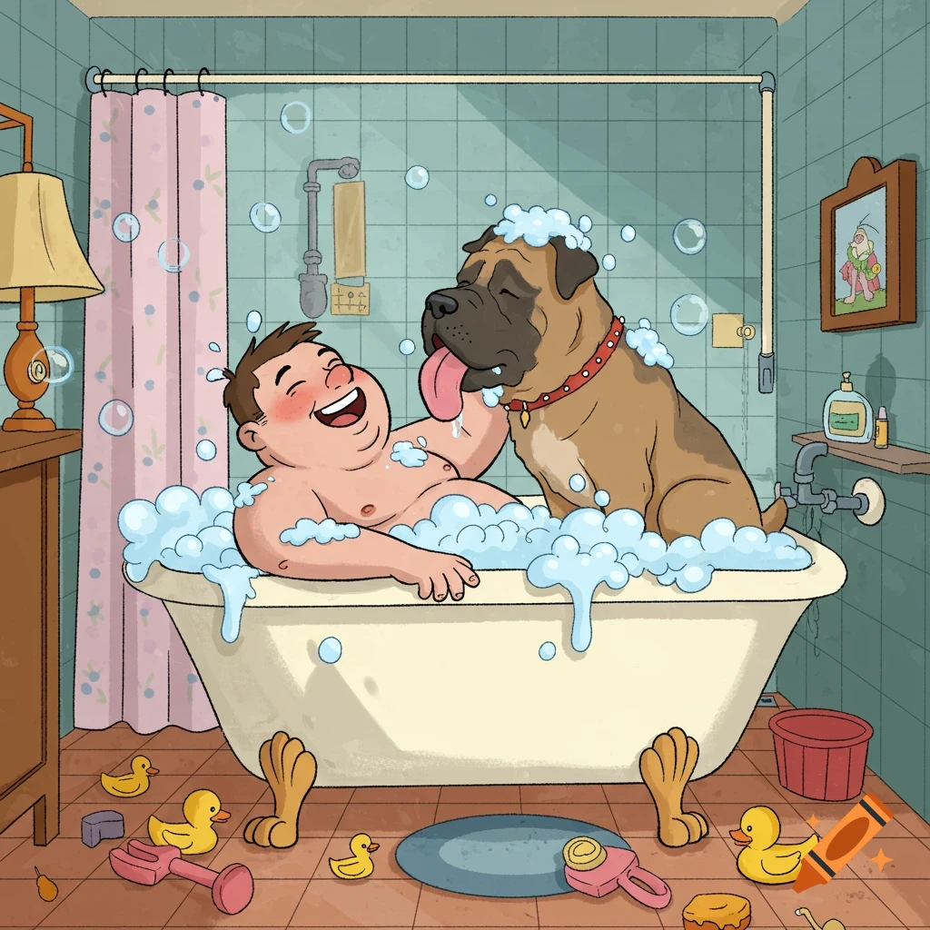 A happy cartoon man in a bathtub with bubbles, laughing as a large Mastiff dog licks his face.
