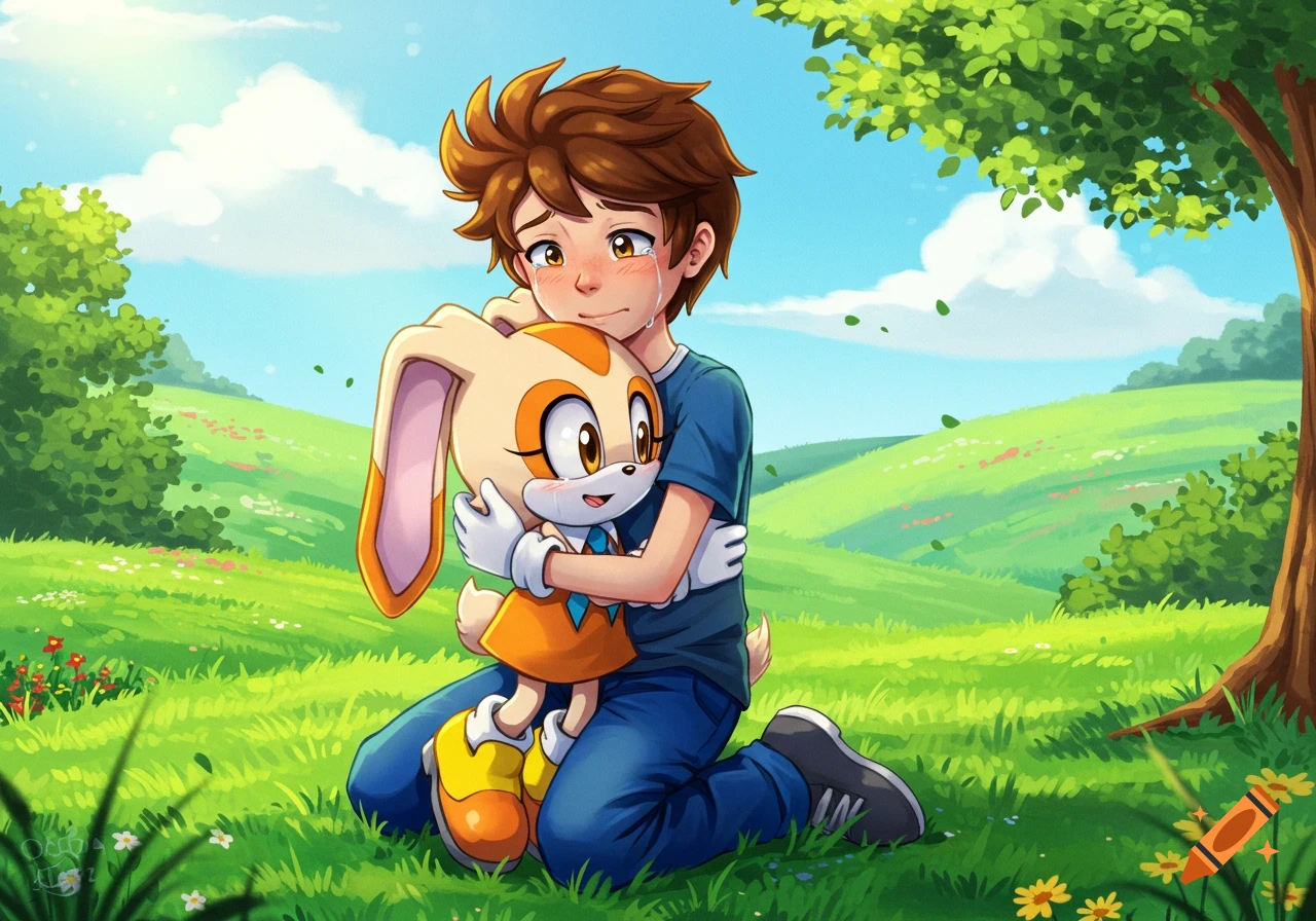 A brown-haired teenage boy in blue clothes hugs Cream the Rabbit from Sonic the Hedgehog in a sunny green field, both crying. Cartoon style.