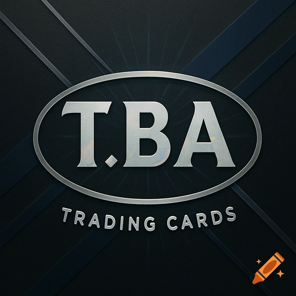 A silver metallic logo with 'T.BA' in an oval and 'TRADING CARDS' below, on a dark background.