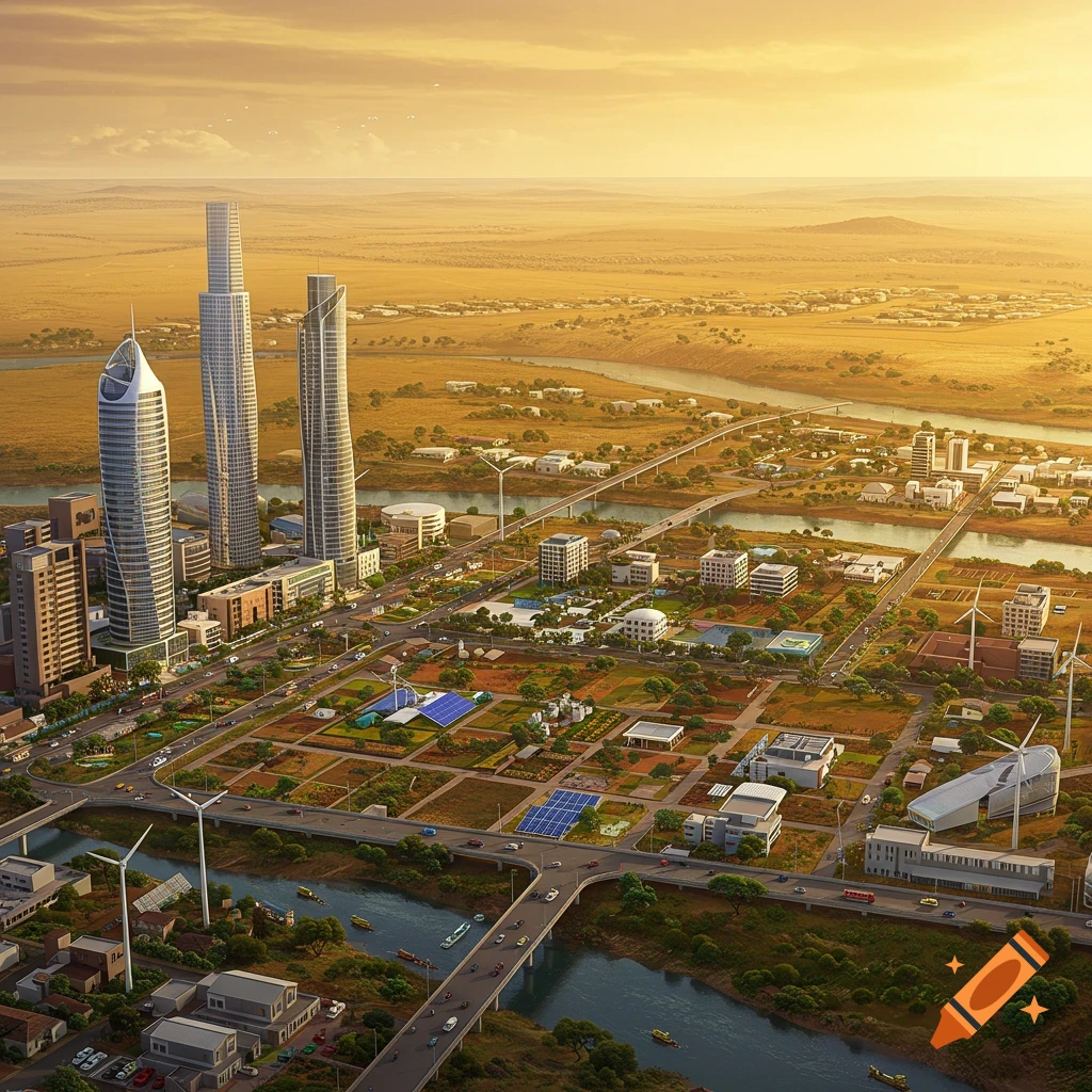 Aerial photorealistic view of a modern city with skyscrapers, bridges over a river, and green energy, set in an arid landscape.