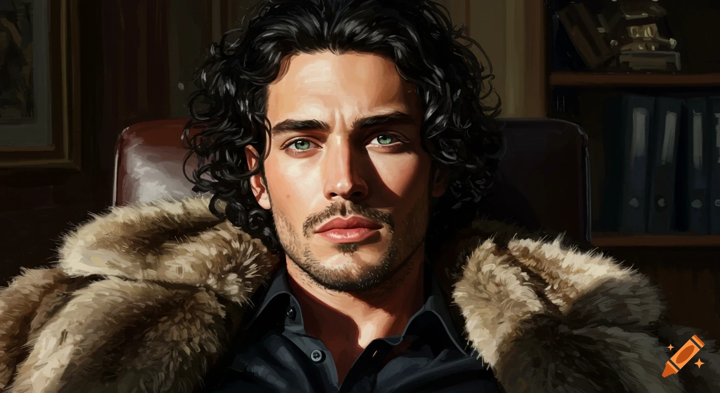 A man with black curly hair and green eyes, wearing a black shirt and fur coat, sitting in an office, in an oil painting style.