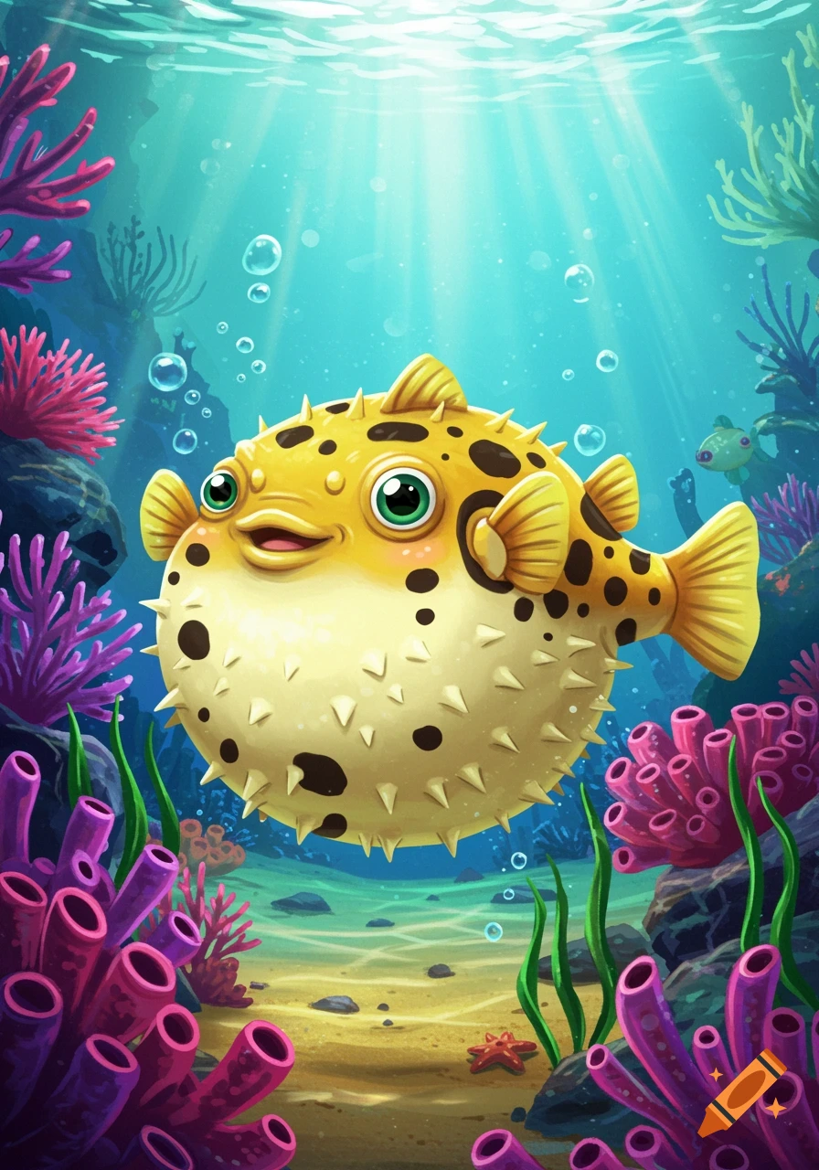 A cheerful cartoon yellow pufferfish with black spots swims underwater surrounded by vibrant coral and seaweed.