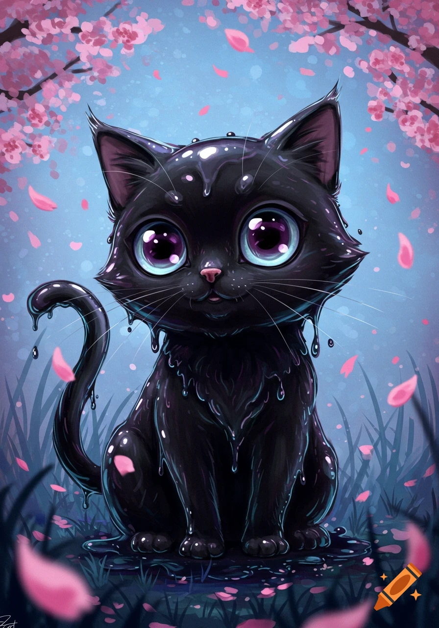 A cute black slime cat with big purple eyes sits among falling cherry blossoms and grass.