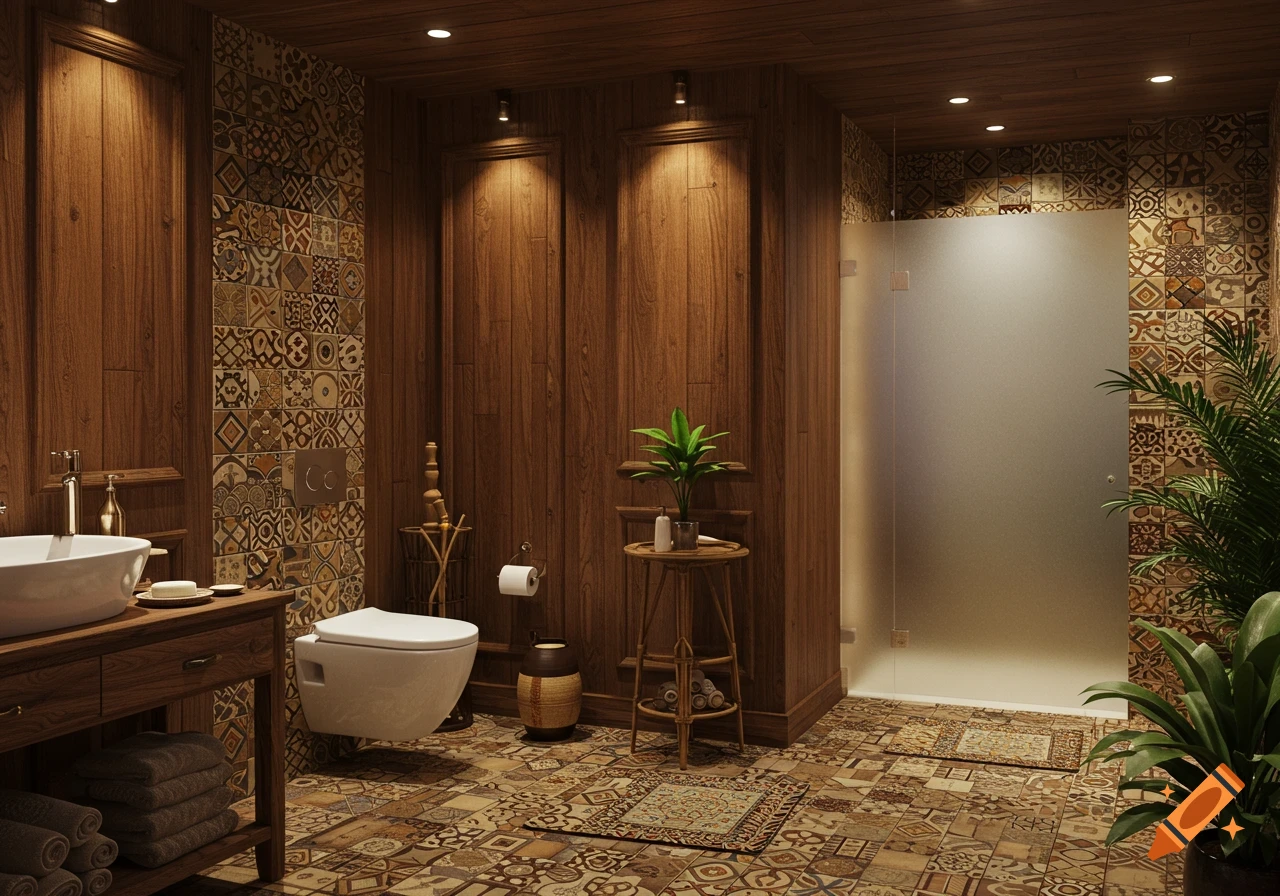 A luxurious spa bathroom with wooden walls, patterned floor tiles, a white sink, toilet, frosted glass shower, and green plants.